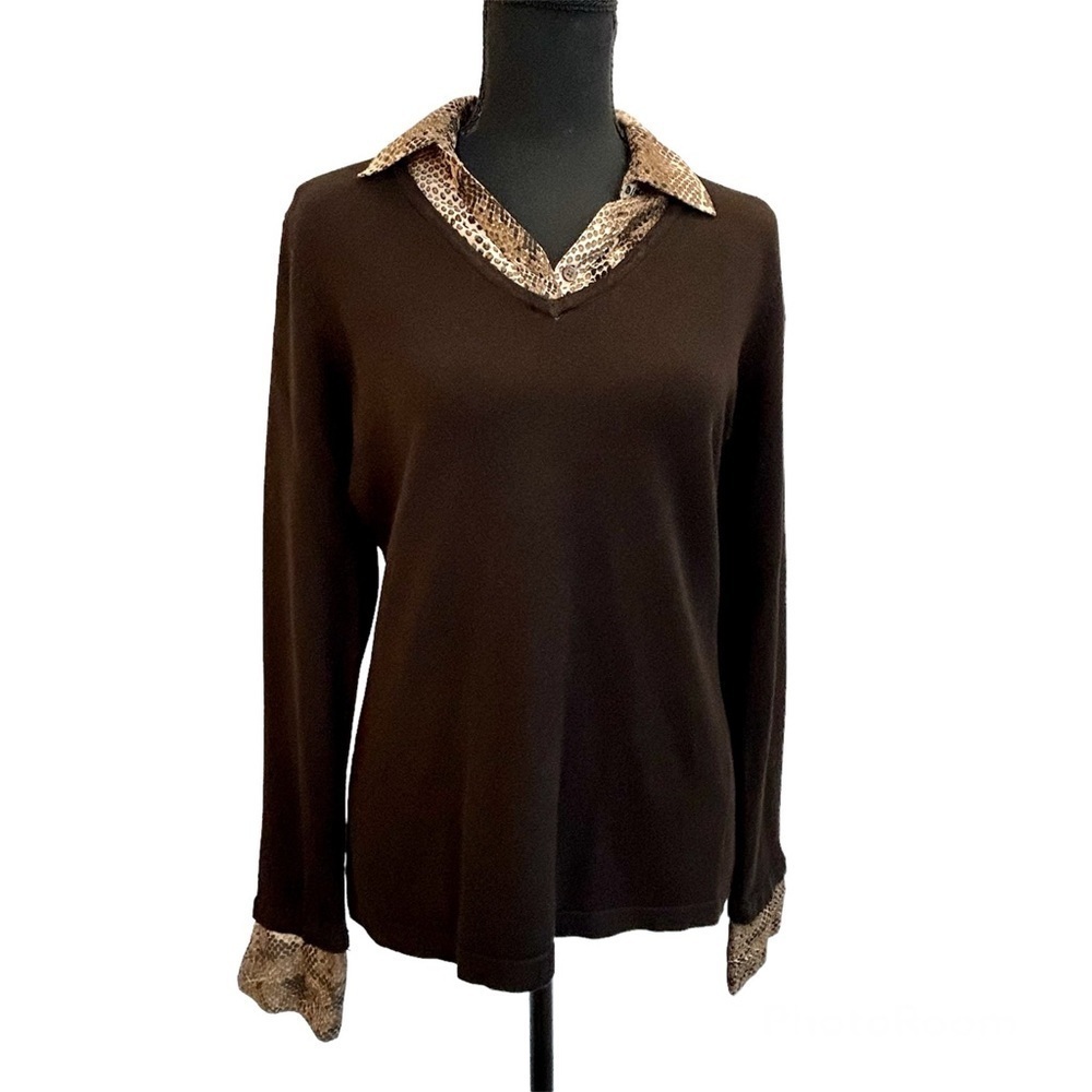 DENVER Hayes Dark chocolate brown knit sweater snake print collar/cuff Sz L